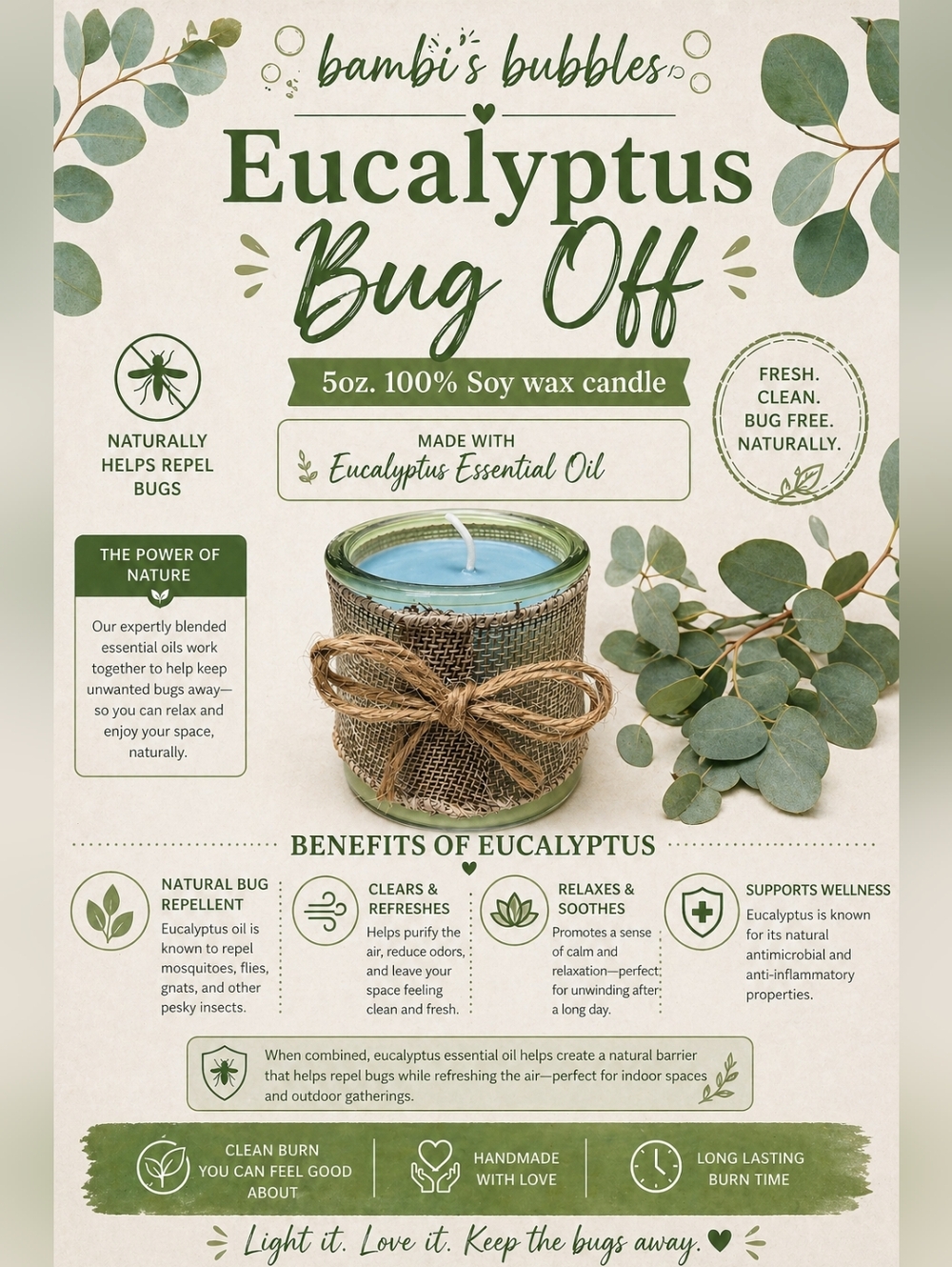 New! Eucalyptus Hand Crafted Bug Off Soy Wax 5oz Candle